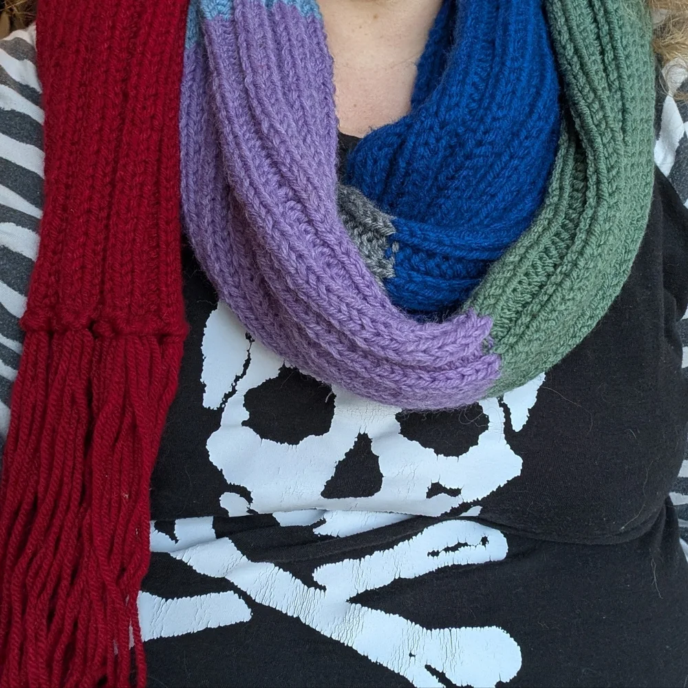 Hand Knit Ribbed Dr. Who Style Color Block Scarf With Fringe